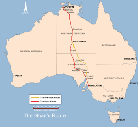 Afghans & their camels were vital to laying the overland Telegraph line, railway line to the gold mines and the construction of trans-continental railway line. There is a passenger train service called The Ghan (from The Afghan Express) b/w Adelaide & Darwin (54 H, 3000~ KM)