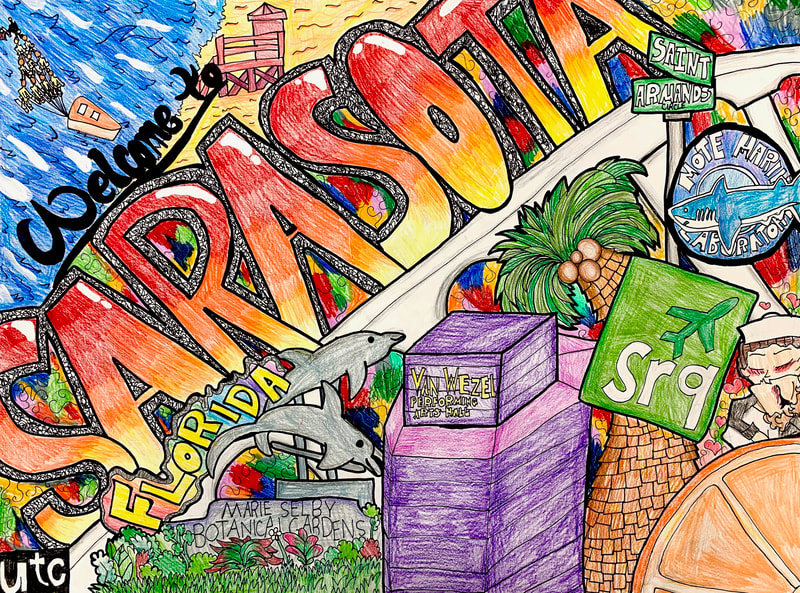 VisitSarasota's tweet photo. Greetings from Sarasota! 🤗
Some Sarasota Middle School art class students took a crack at designing marketing posters for visitors 🎨 
Can you spot some familiar attractions? #MySarasota 🌴⛱️ https://t.co/DRoOAFXo3x