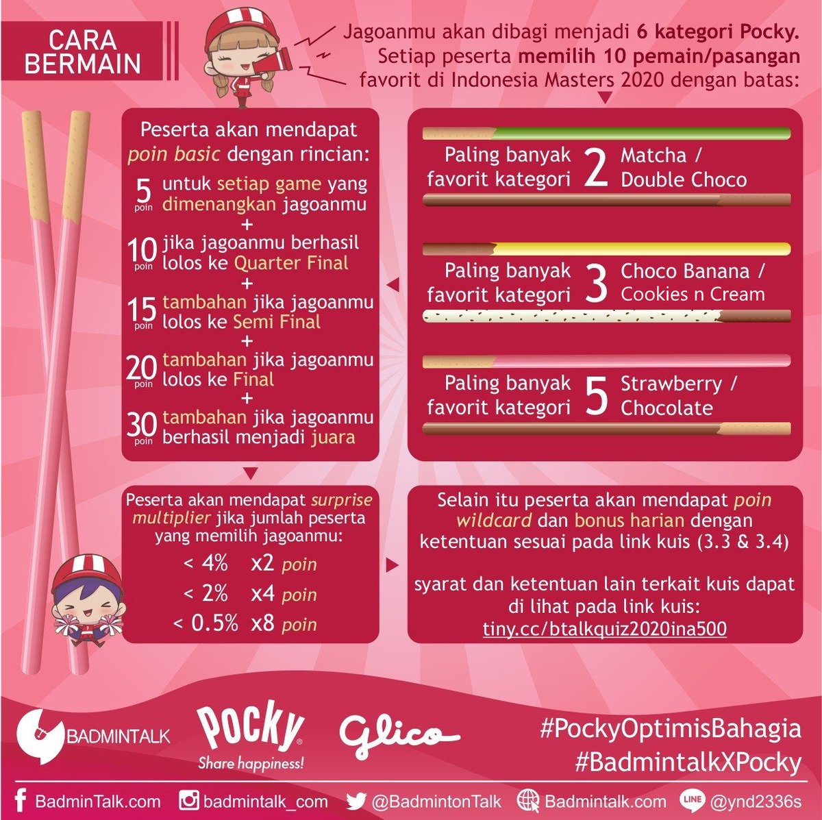 BadmintonTalk's tweet photo. BREAKING: Indonesia Masters quiz is officially OPENED!

Ke https://t.co/2pRQV9bkyb utk dapatkan:

-Jersey Badmintalk
-Paket liburan ke Korea
-15 JUTA RUPIAH

dan hadiah menarik lainnya!

RT+LIKE twit ini, share poster ini dgn link + hashtag #BadmintalkXPocky #PockyOptimisBahagia https://t.co/9Mt6JWMy8A