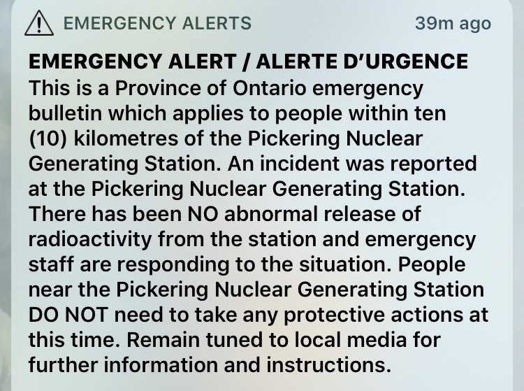 Travisdhanraj's tweet photo. #BREAKING: Gov’t sources tell @globalnewsto the emergency alert issued this am re the Pickering Nuclear Generating Station was due to a circuit breaker issue &amp; that the issue poses no risk to the public. @opg will be releasing a statement momentarily #onpoli https://t.co/iS0DxmLOhJ