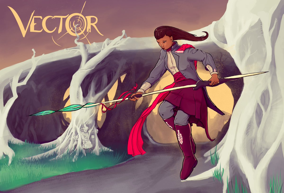 illustration: SEVEN AVIATRIX CERULEAN, a brown-skinned woman in a grey and red uniform with a long bright sash. she's hovering near a road supported by tree-like pillars with frozen bodies embedded in it. in her hands is a high-tech looking spiralling spear: a VECTOR engine, in LANCE mode