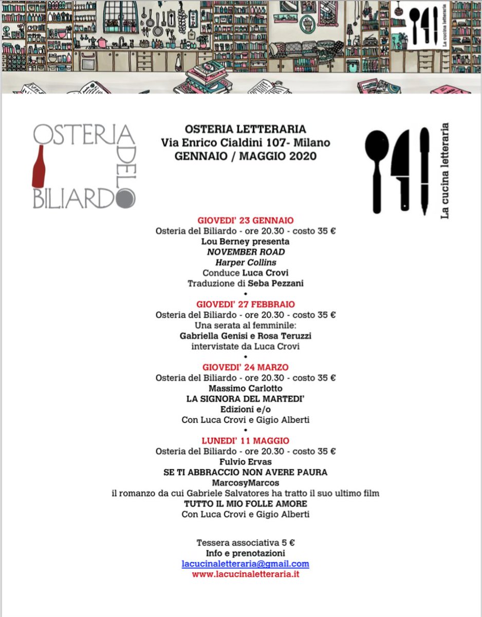 Ecco il 2020 di #OSTERIALETTERARIA.
Conduce #LucaCrovi.

- 23 gennaio: <a href="/Lou_Berney/">Lou Berney</a> <a href="/harpercollinsIT/">HarperCollins Italia</a>
- 27 febbraio: @GabriellaGenisi e #RosaTeruzzi 
- 24 marzo: @MassimoCarlotto @Alligatorefanpg <a href="/EdizioniEO/">Edizioni E/O</a>
- 11 Maggio: #FulvioErvas <a href="/MarcosyMarcosMx/">Marcos y Marcos</a>

eventdes.com/event/?id=5df7…