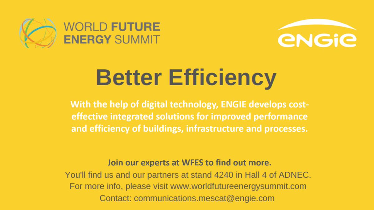 ENGIE in World Future Energy Summit
Hall 4 - Stand no. 4240 of ADNEC

Register on the below link:
lnkd.in/fhf9wVg

#WFES #ADSW #engie #energyefficiency #digital #buildingperformance #facilitymanagement #integratedsolutions #ENGIECofely #energy #sustainable #water