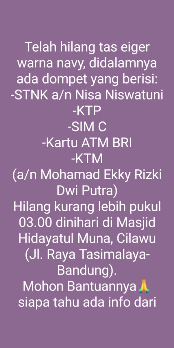 mohamadekkyrdp's tweet photo. Punten nyunhunkeun bantosanana @v_frontline_pc @PRFMnews @officialvpc , dompetna warna coklat.
Hatur nuhun sateuacanna🙏🙏 https://t.co/oqlDZZ562A