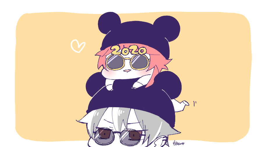 sunglasses chibi hat heart 1boy 2boys grey hair  illustration images