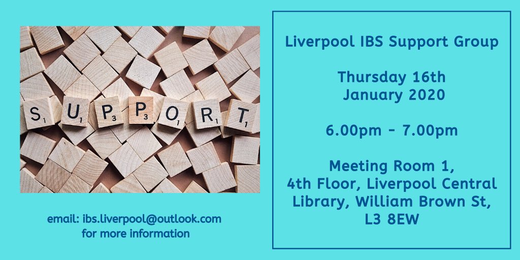 IBSLiverpool's tweet photo. If it’s a resolution to get more support with your #IBS then why not pop along to our next support group, held this Thurs @CentralLibrary_  Chat about your IBS experience in a friendly non-judgmental environment &amp; exchange ideas for managing the condition. #support #Liverpool https://t.co/JoAqgmBMWw