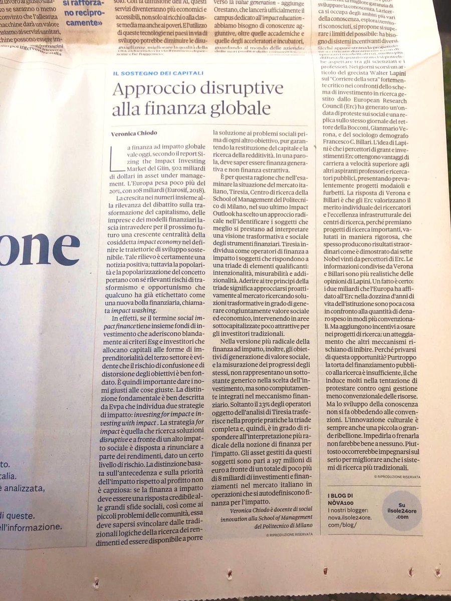 Tiresia_Polimi's tweet photo. Oggi su Il @sole24ore il nuovo articolo firmato da Veronica Chiodo sullo stato della finanza per l’impatto sociale e la #radicalità.  #tiresiaimpactoutlook2019 #disruption #impactrevolution  #rassegnastampa @Tiresia_Polimi @polimi @Vero5589 @mariocalderini  @macca1308 https://t.co/UfPdn7RYKl