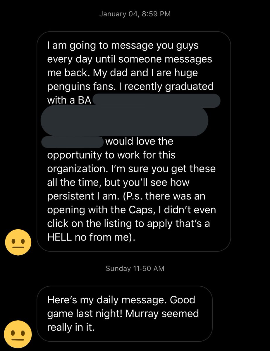 AndiPerelman's tweet photo. A few things to avoid if you want to work in sports (a thread): 

1. Saying ‘hell no’ to looking at job listings.

2. DMing your potential future employer ‘goodnight ily’.

3. Promising endless persistence, and forgetting to follow through after less than five days.

#smsports https://t.co/eU2FAtfjba