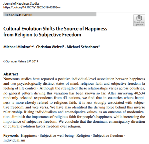 ValuesStudies's tweet photo. New article by our own Christian Welzel (@leuphana &amp; @hse_eng) together with Michael Minkov (@VUM_Bulgaria &amp; @unitartu) and Michael Schachner (@HofstedeInsight):

Cultural Evolution Shifts the Source of #Happiness from Religion to Subjective Freedom

https://t.co/eFQcnUFYc2 https://t.co/KwT2fLRva3