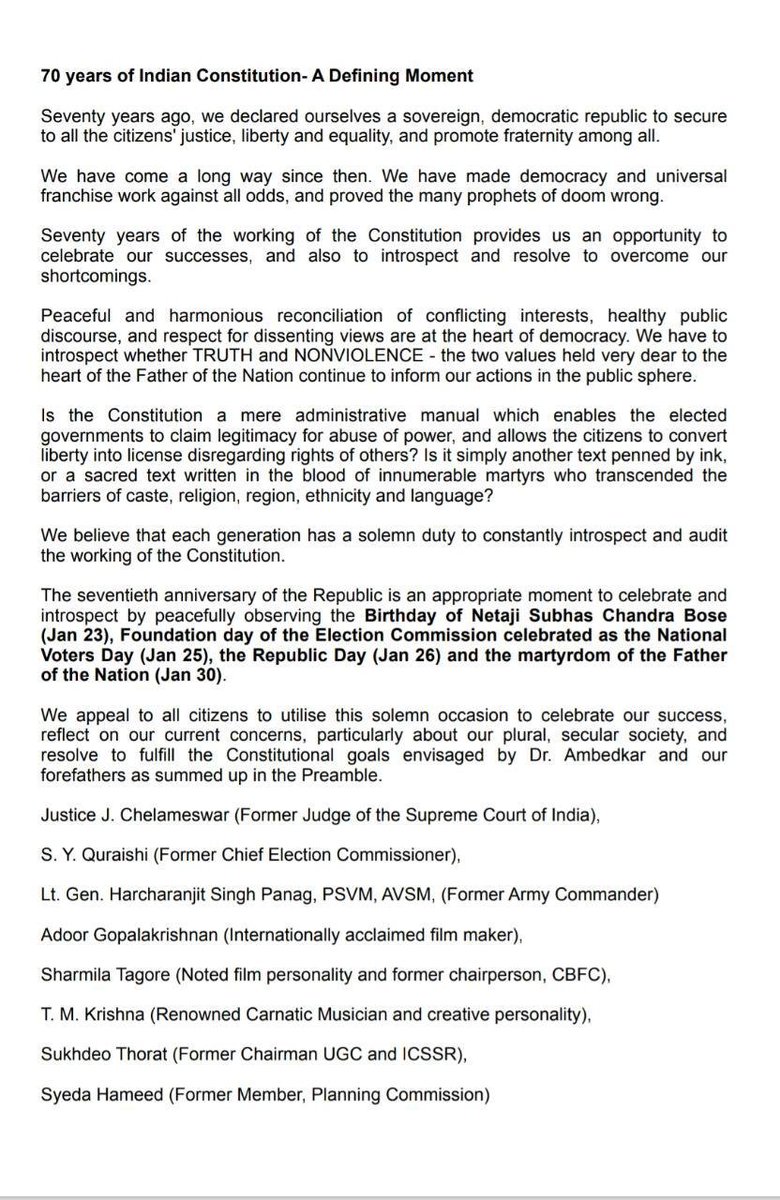 LiveLawIndia's tweet photo. Resolve to fulfil the Constitutional goals envisaged by Dr. Ambedkar and our forefathers as summed up in the Preamble; Joint Statement by Justice #Chelameswar, SY @DrSYQuraishi Quraishi, TM @tmkrishna Krishna and Others https://t.co/MKwGPBqa0A