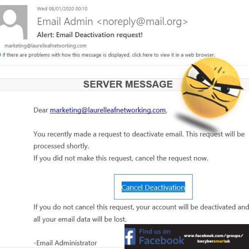 LaurelLeafChat's tweet image. 🌿⚠🤬 Still coming fast and furious in 2020!
#spoofemail #phishing #hackattack #scammers #cybersecurity #cyberthreats #onlinesecurity #cyberfraud #cybercrime #cyberaware #infosec #technology #dataprotection #becybersmartuk