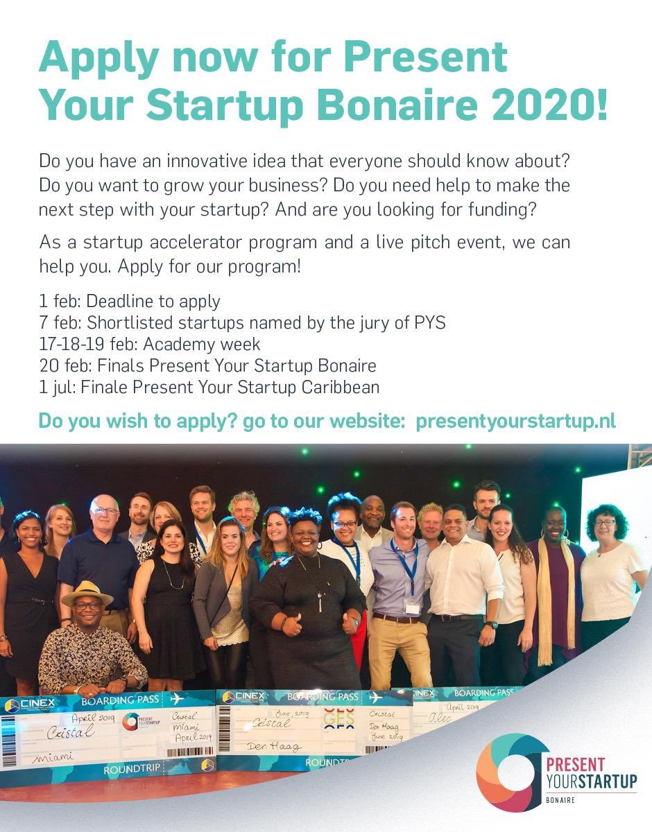 Are you ready to accelerate your business in paradise?

Join Present Your Startup Bonaire and make you great idea/concept investment ready!

When? 17-20 February 2020
Where? Bonaire
How to register? Go to presentyourstartup.nl or send me or <a href="/ValerieQuirina/">Valerie Vallenduuk</a> a message