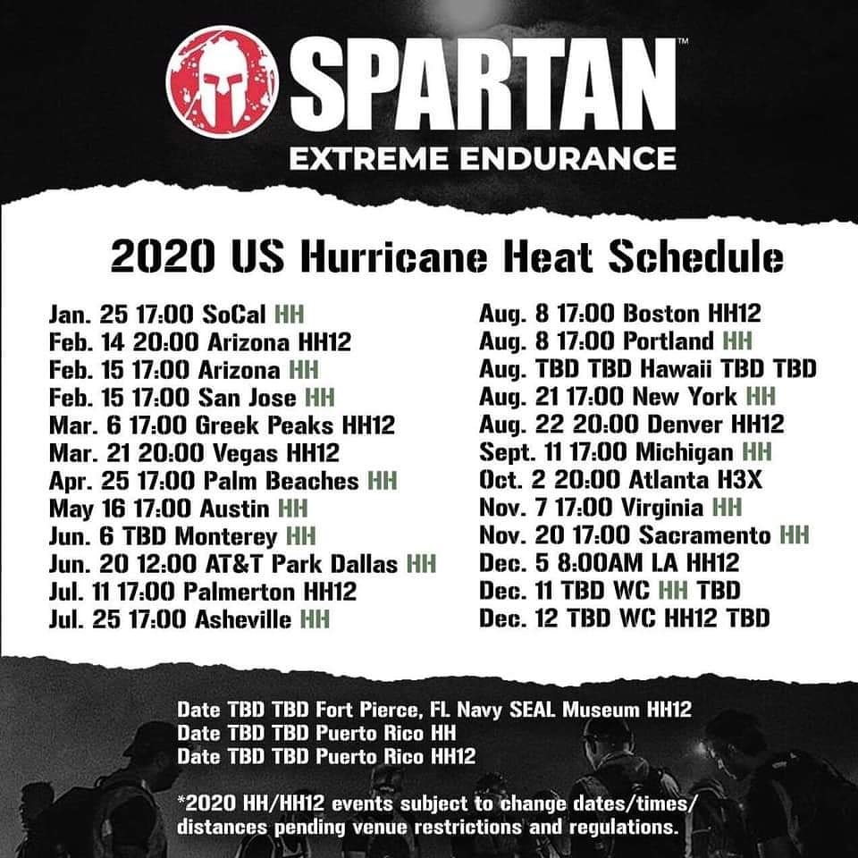 fayta9's tweet photo. 2020 Hurricane Heat Schedule. I am thinking Boston, New York and Atlanta for the H3X

#Goals #HH12 #H3X #spartanrace #spartanup #spartanstrong #OCR #aroo #nobodycares #workharder #hshive #honeystinger #stingorbeestung #fuelmadesimple #sweetentheburn #teamnuun #nuunlove #nuunlife https://t.co/S5pmI10cq4