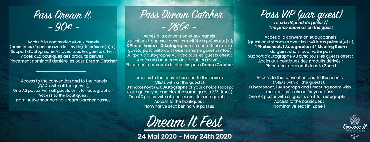 DreamitCon's tweet photo. #DreamItFest Voici la description des pass ! Il y aura également des packs (Photo+auto) par guest. À ce soir pour le premier guest 😉 // Here's the description of the passes ! There will also be packs for each guest (Photo+auto). See you tonight for the 1st guest announcement 😉 https://t.co/j2XmkSXFC3