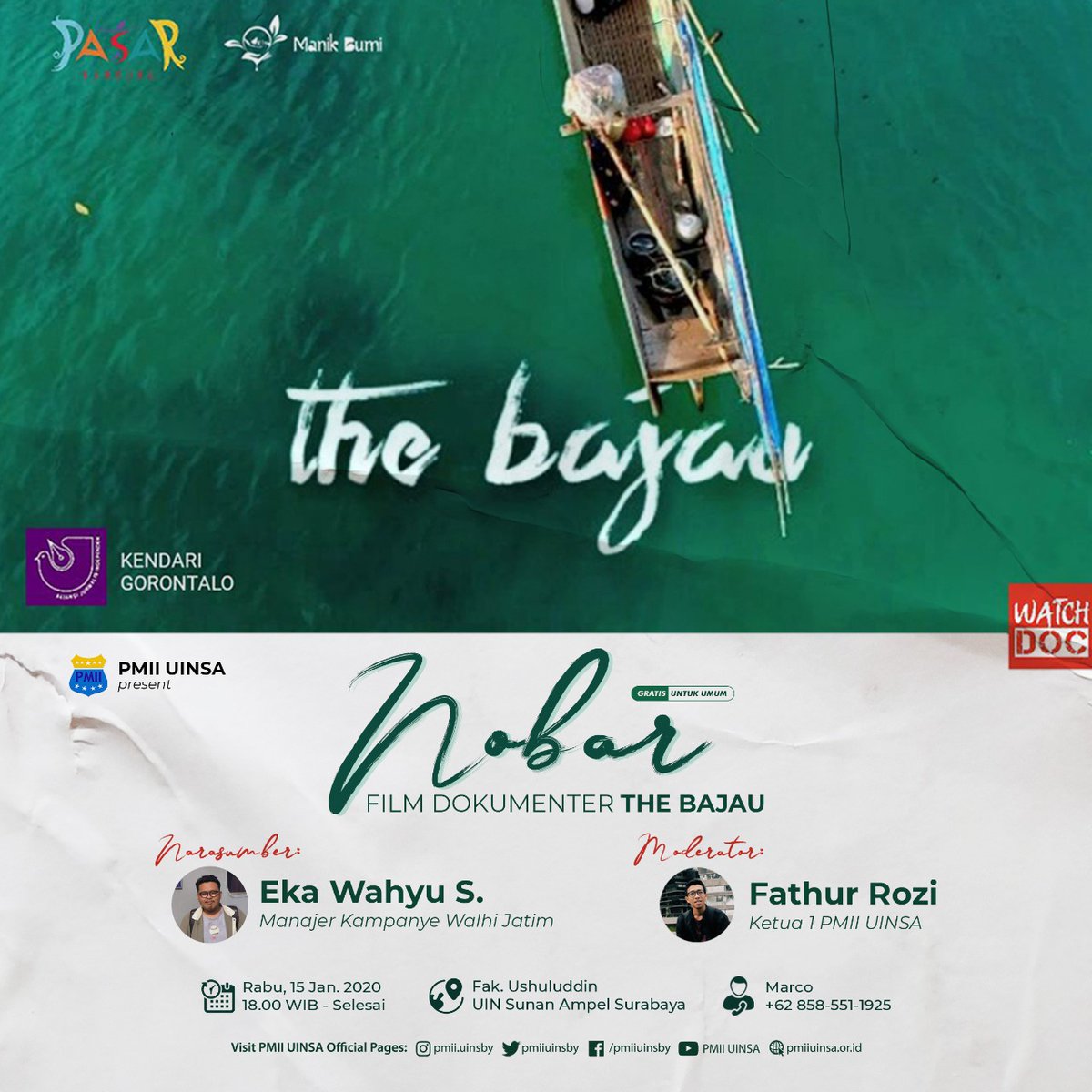 pmiiuinsby's tweet photo. The Bajau

Adalah film dokumenter yang membahas tentang suku Bajau, salah satu suku yang paling adaptif terhadap perubahan iklim.

Saat ini suku Bajau sedang menghadapi tantangan berat dalam meneruskan tradisi dan ruang hidupnya di laut dan pesisir.

Mari, hadir di acara kami :) https://t.co/sJSl4QipS7