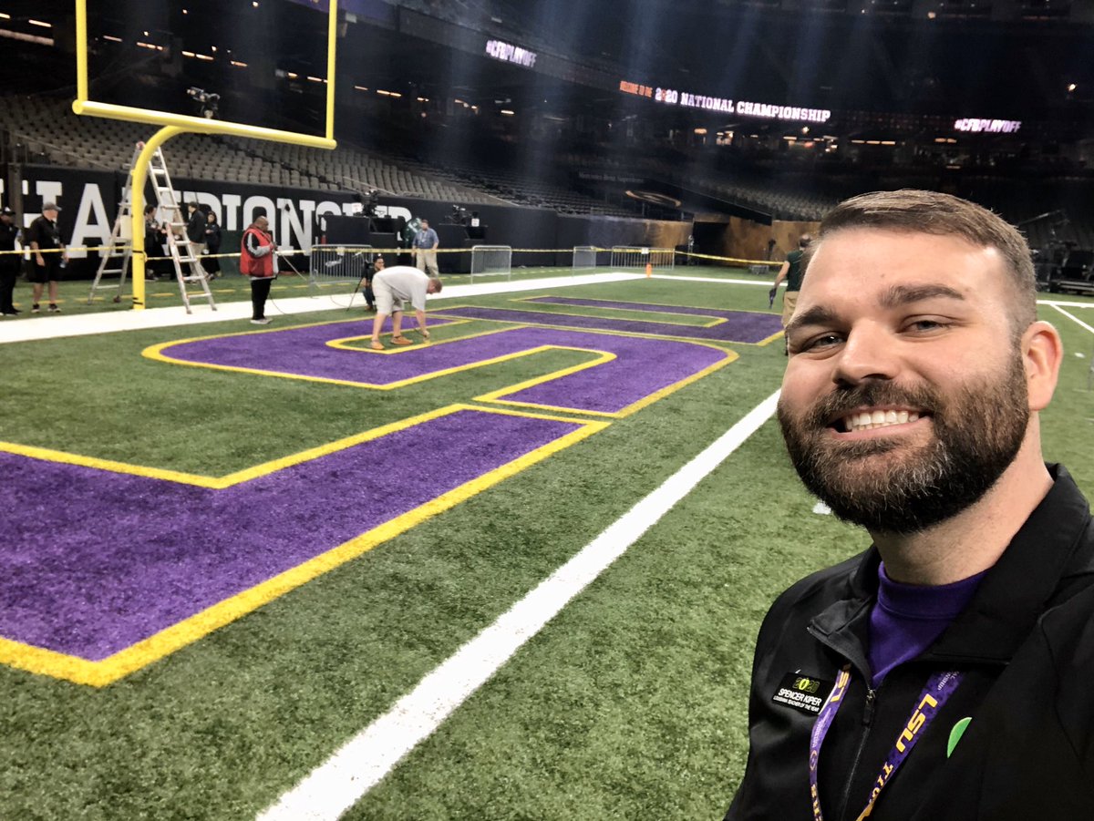 SpencerKiper's tweet photo. We’re ready to see those LSU Tigers bring the National Championship home tomorrow! Thank you @CFPExtraYard and @CCSSO for giving #NTOY19 the chance to take the field at the Superdome! #LASTOY19 #CFBPlayoff #CFBFoundation https://t.co/a4u5orSaVN
