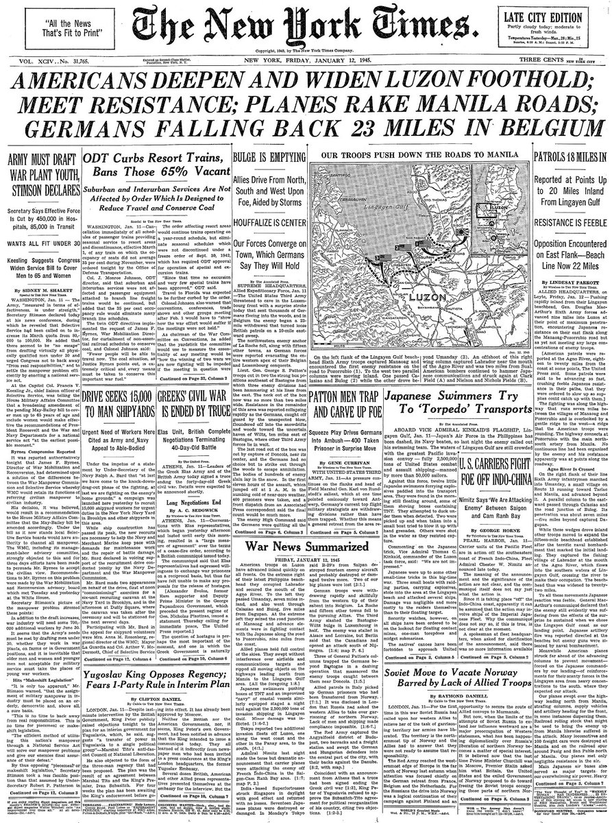 Jan. 12, 1945: Americans Deepen and Widen Luzon Foothold; Meet Resistance; Planes Rake Manila Roads; Germans Falling Back 23 Miles in Belgium  https://nyti.ms/2QHvHjq 