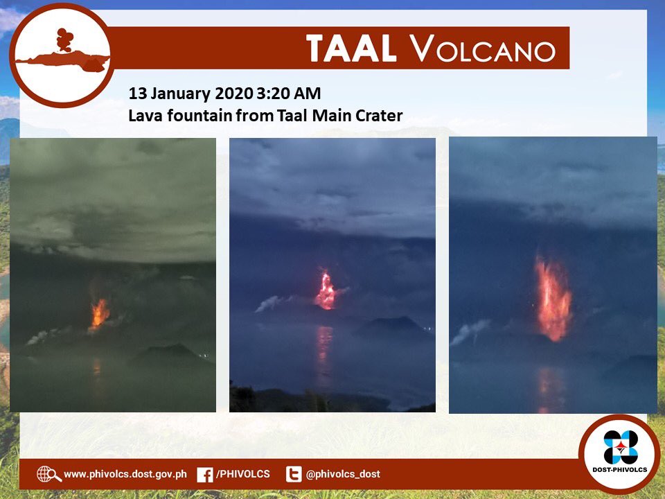 rapplerdotcom's tweet photo. LOOK: Lava fountain from Taal Volcano Main Crater at 3:20am on Monday, January 13. | via @phivolcs_dost https://t.co/9SB7pCMfnp