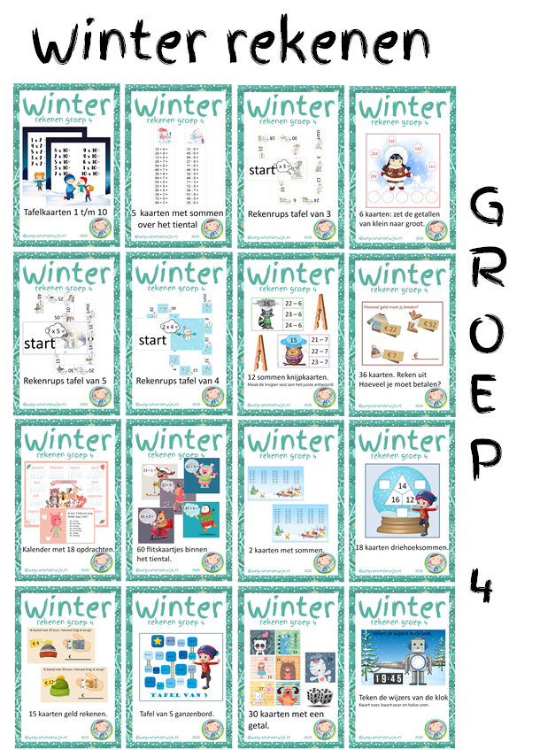 Rekenen groep 4. Leuk voor een rekencircuit etc. wegvanonderwijs.nl/winterpagina/