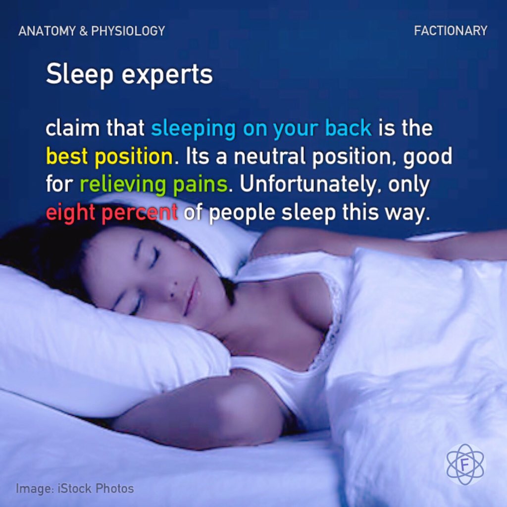 Sleep experts claim that sleeping on your back is the best position. Its a neutral position, good for relieving pains. Unfortunately, only eight percent of people sleep this way.

#anatomyandphysiology #sleeping #position #sleepingontheback #painrelieve #health #facts #Factionary