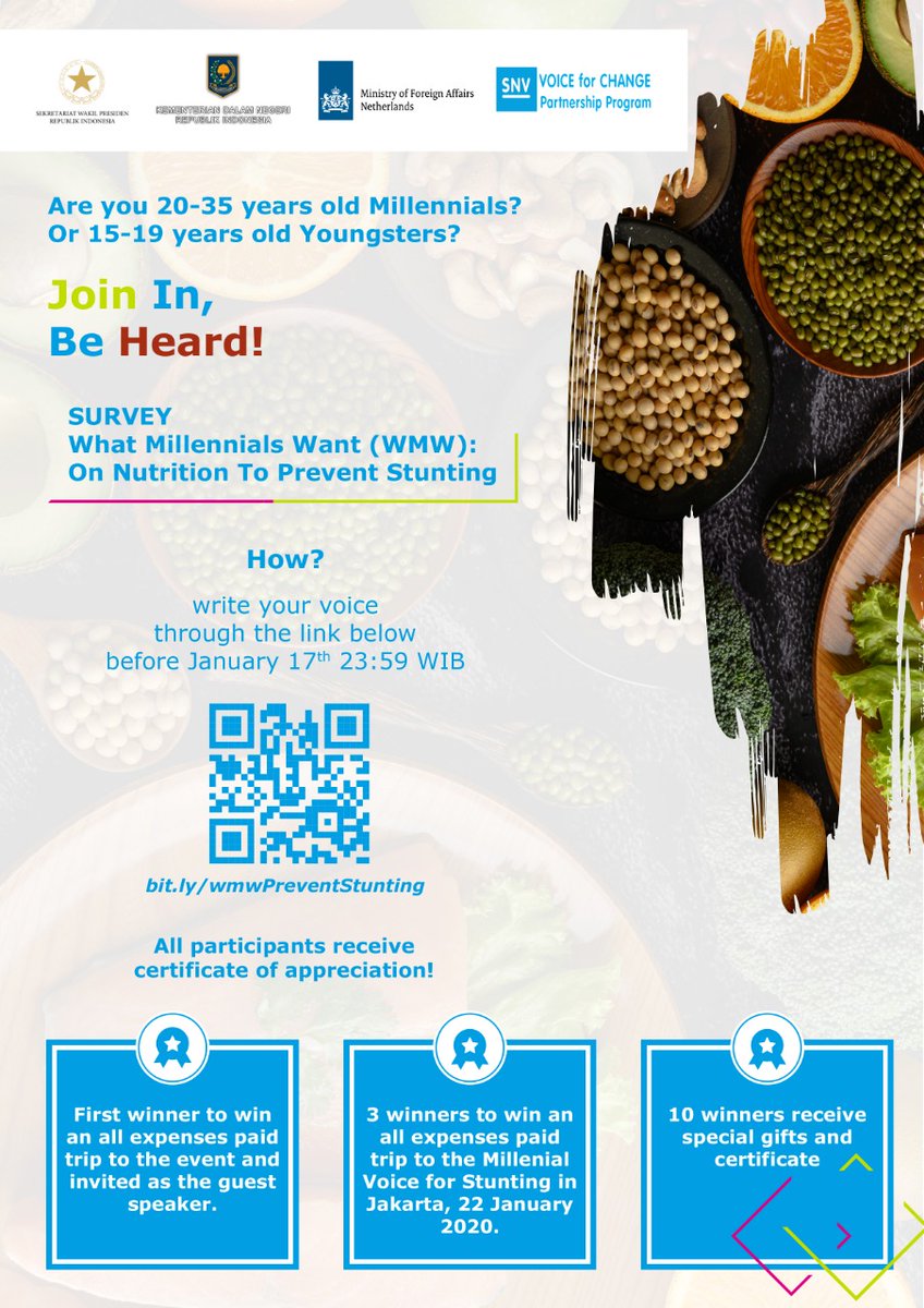 Join In, Be Heard! #WMWSurvey #MillennialsAgainstStunting for National Nutrition Day #HGN2020 in collaboration between SNV's #V4CP and #TP2AK Secretariat of Vice President Republic Indonesia
