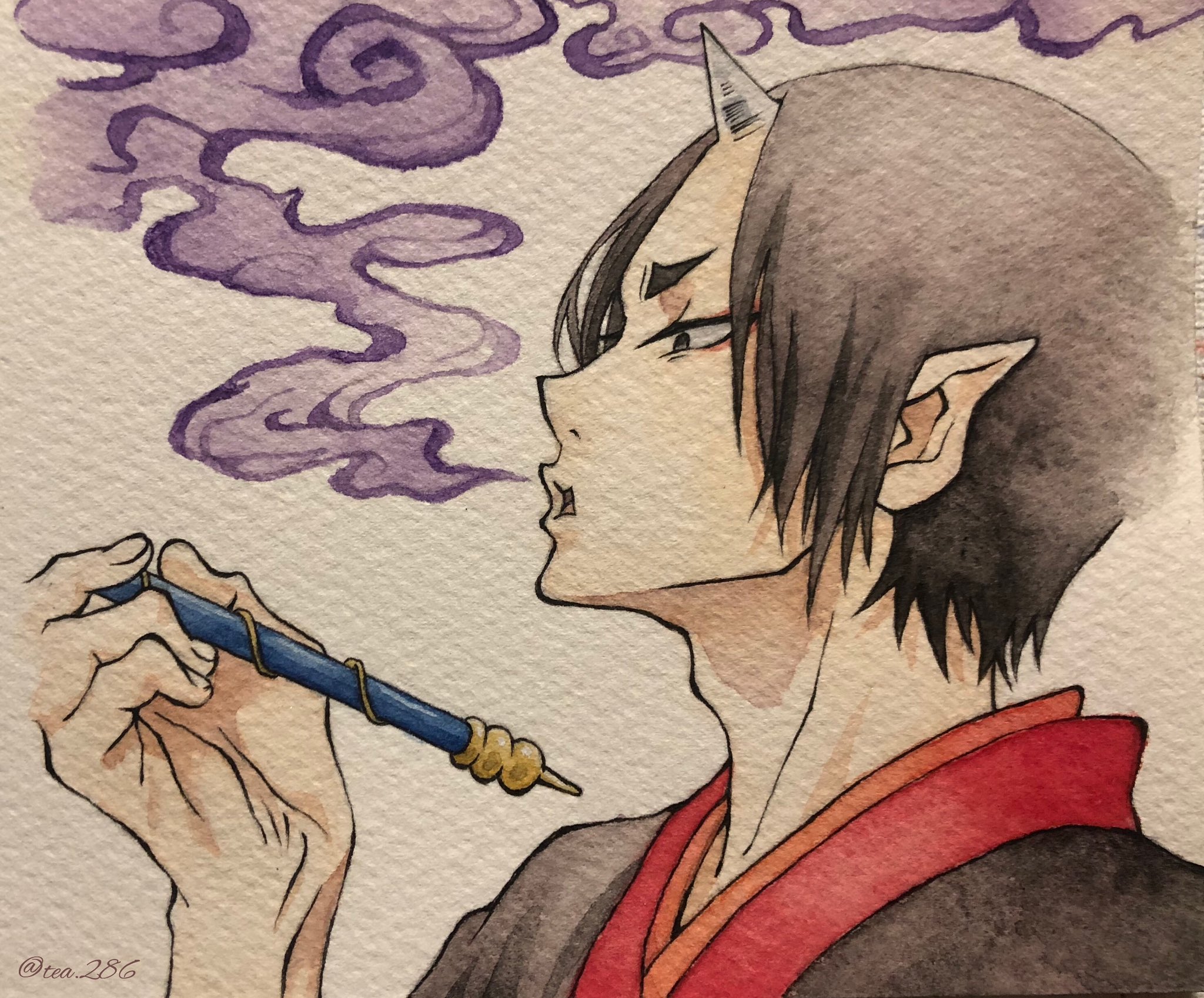 Milk 𓃠 鬼灯様 完成 元絵がここまでしか描いてなかったので中途半端ですが 煙 を塗るのが結構楽しかった 鬼灯の冷徹 鬼灯 模写 透明水彩 アナログイラスト T Co Yiilgliq12 Twitter