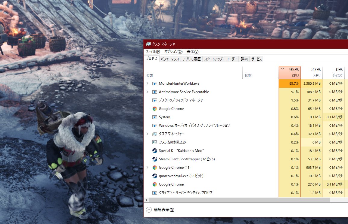 てのやま 夜の妖精ガジェット Steam版 Pc版 モンスターハンターワールドアイスボーン Cpu使用率がヤバくて調べたらフルスクリーンでwinボタン押してタスクバーからモンハンクリックしてウィンドウを閉じるを選んだ時に出るシステムメッセージを