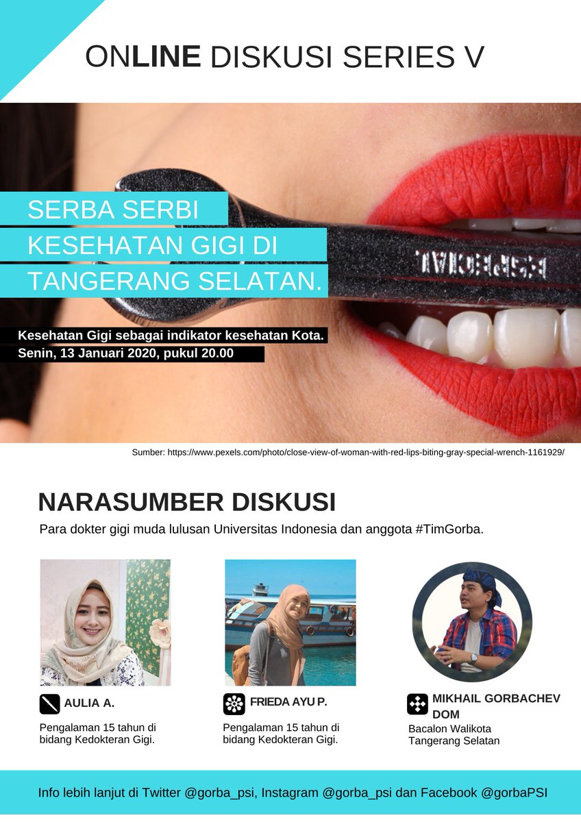 MikhailGorbaDom's tweet photo. ONLINE DISKUSI TENTANG KESEHATAN GIGI DAN MULUT
Senin, 13 Januari 2020, pukul 20.00 sampai dengan 22.00 bertempat di Group WA Relawan #TimGorba, untuk bergabung klik link di bawah ini:
https://t.co/UxS9NNGTLE
Salam Solidaritas,
Mikhail Gorbachev Dom,
Balon Walikota Tangsel https://t.co/3LJNBIaDx5