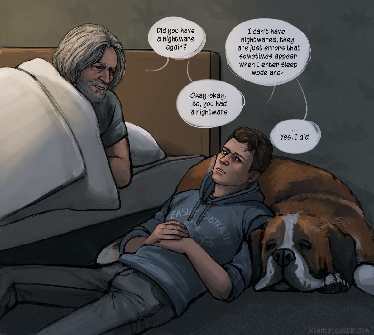 julientel on X: When Connor has “nightmares” he just goes and quietly sits  near Hank's bed. Sumo follows him eventually, and in the morning Hank sees  them both lying there. #ConnorArmy #DetroitBecomeHuman