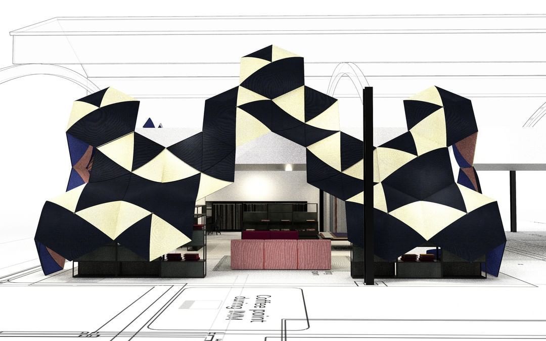 DesignApplause's tweet image. ‘Slot’ the new @kvadrattextiles  space at #designpost, created by designer @StefanDiezLab w/ umbrella-like sails crafted in the new #KvadratFebrik textile nitto by #AlfredoHaberli @imm_cologne 13&amp;gt;19jan
#stefandiez #febrik #imm2020