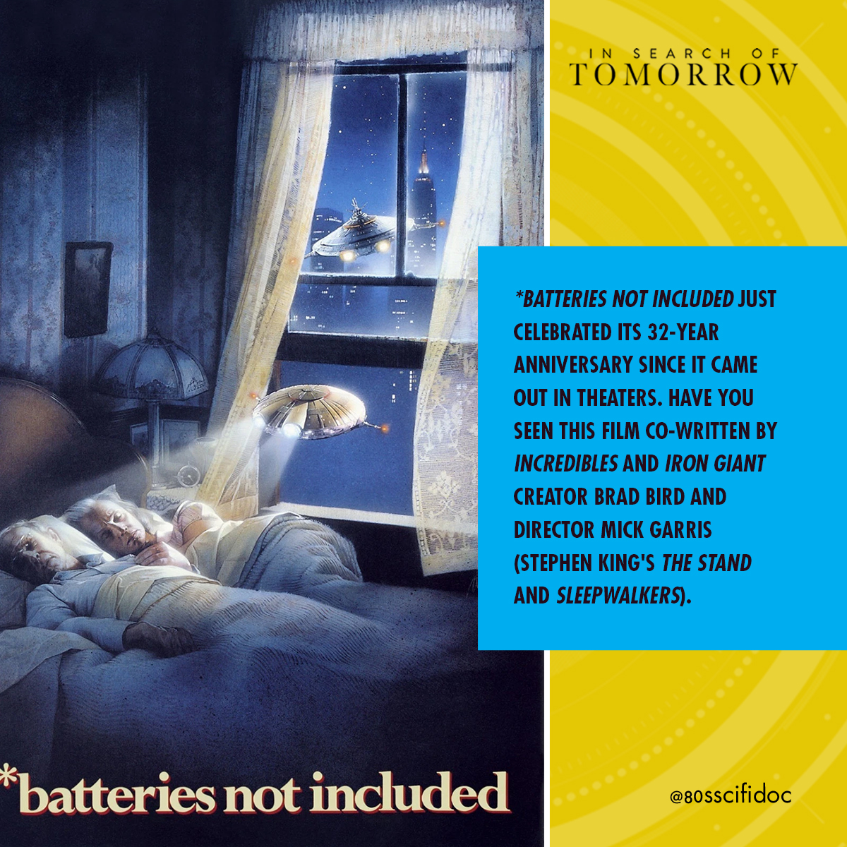 80sscifidoc's tweet photo. *batteries not included just celebrated its 32-year anniversary since it came out in theaters. Have you seen this film co-written by Incredibles and Iron Giant creator Brad Bird and director Mick Garris (Stephen King's The Stand and Sleepwalkers) #80sscifi #alienrobots https://t.co/dbCAigwqjb