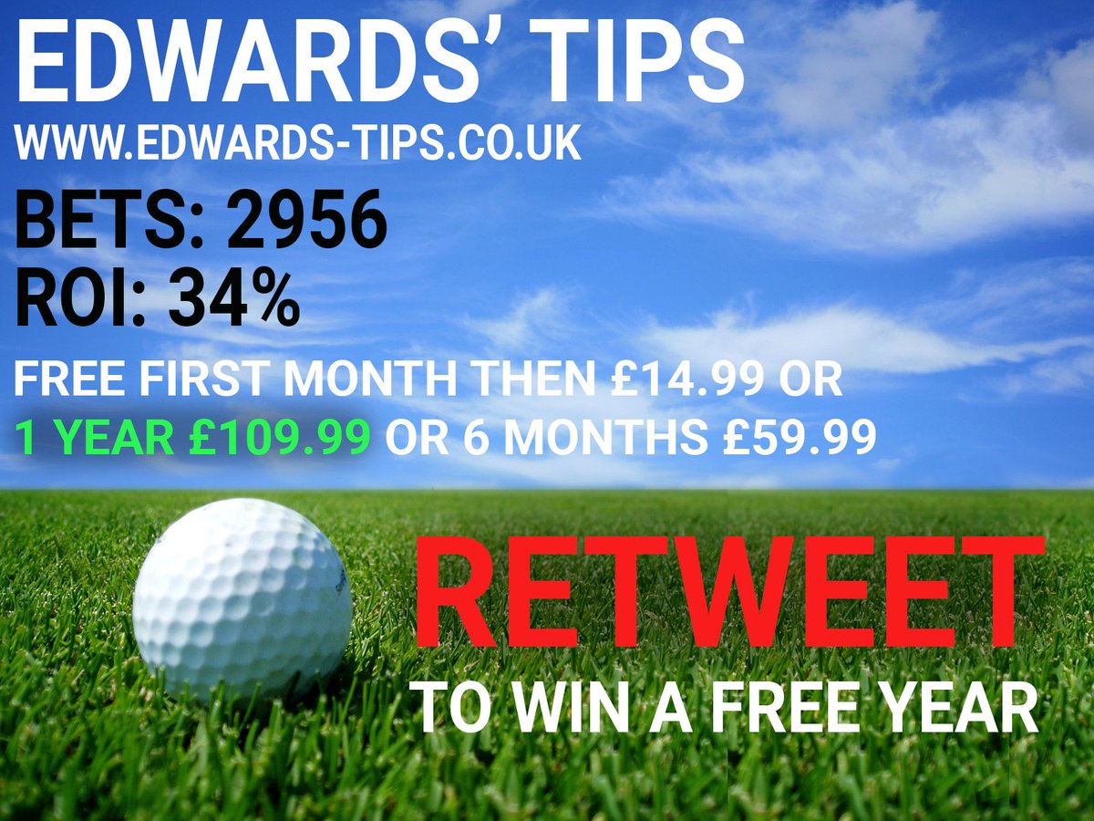 EdwardsTips_'s tweet image. Edwards' Tips profit 34% ROI over 2956 bets! Golf and Snooker tips!
Retweet before 31 Jan to win a 🎉 FREE YEAR 🎉 worth £279.99!
#Retweet #Golf #Snooker #Tipster #Profit #Win #Betting #Free #AmericanExpress #OSullivan #AbuDhabi #McIlroy #HSBC #Masters