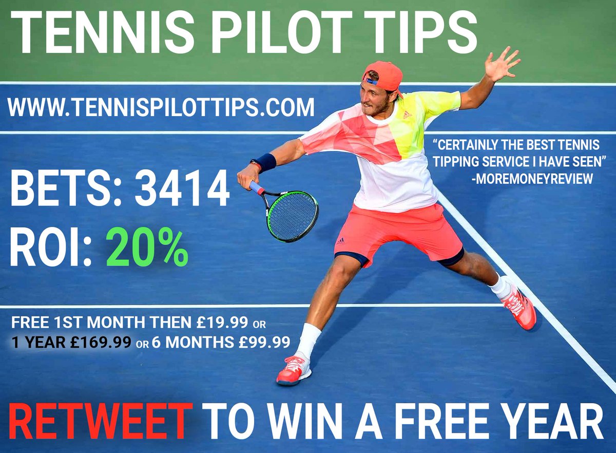 TennisPilot's tweet image. TPT profit 20% ROI over 3414 bets since 2016!
Retweet before 19 Jan to win a 🎉 FREE YEAR 🎉 worth £169.99!
#Retweet #Tennis #Tipster #Service #Profit #Win #Betting #Free #Federer #Nadal #Djokovic #Murray #ATP #WTA #Challenger #AdelaideInternational #Australia #Auckland #AusOpen