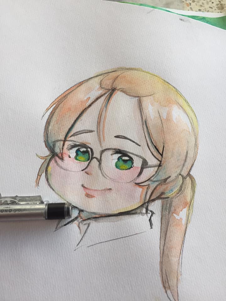 1girl glasses solo traditional media green eyes smile ponytail  illustration images