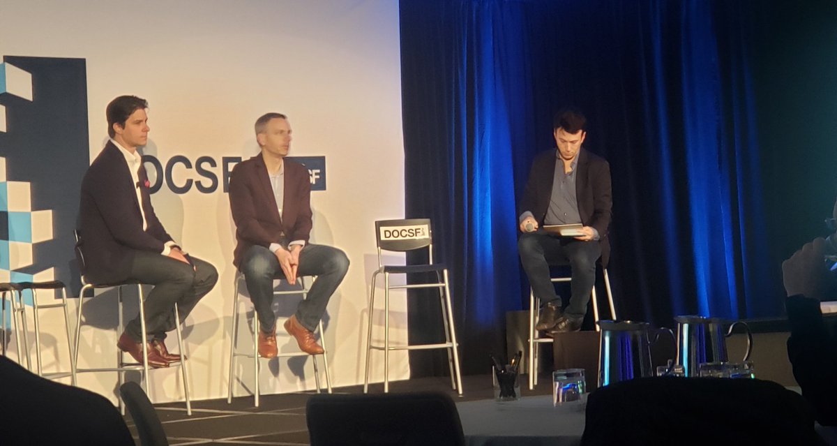 theDOCSF's tweet photo. @cschlang @DarrenSabo @daniel_kraft on stage at #DOCSF20 discussing 5g and outpatient care. 
#digitalhealth #healthcare https://t.co/ZFBVutmTpF