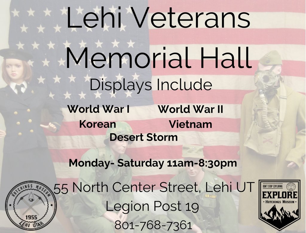 MuseumHutchings's tweet image. The Lehi Veterans Memorial Hall hosts a variety of amazing artifacts! Check out the Hutchings Museum this week. Admission is $4 for children and $5 for adults. #familytime #familytravel #learningin2020 #Learn #History #Veterans #lehi #utah #learning