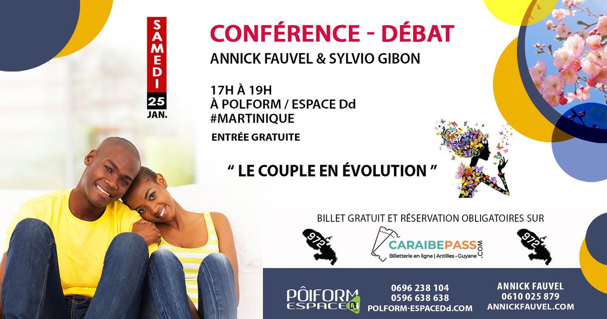 sylviogibon's tweet photo. Récupère ton pass gratuit sur https://t.co/pDmqRYMGy5 pour la conférence débat samedi 25 janvier « le couple en évolution »
#polform #bienetremartinique https://t.co/Pqio7emQ9r