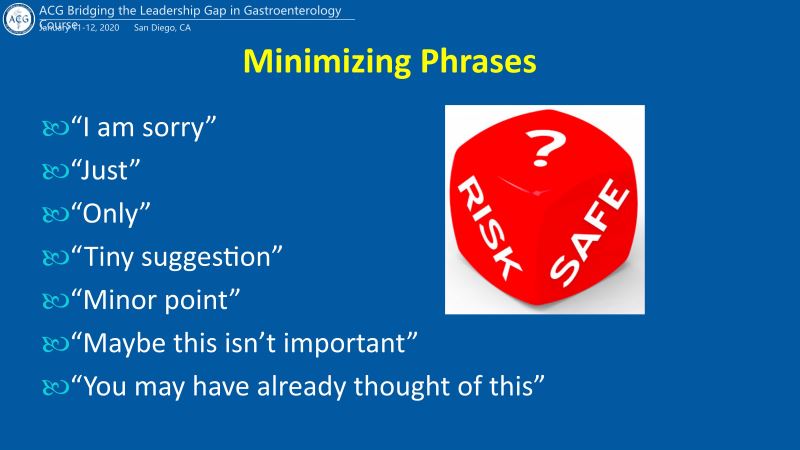 Michelle Gould M.D. (@michellegouldmd) on Twitter photo Insightful discussion today about 12 habits that hold #women back led by <a href="/AmyOxentenkoMD/">Amy Oxentenko MD</a> at #ACGBridgingTheLeadershipGap. Moving forward I am going to try to be more mindful of my use of minimizing phrases. #WomenInMedicine #Leadership Insightful discussion today about 12 habits that hold #women back led by <a href="/AmyOxentenkoMD/">Amy Oxentenko MD</a> at #ACGBridgingTheLeadershipGap. Moving forward I am going to try to be more mindful of my use of minimizing phrases. #WomenInMedicine #Leadership