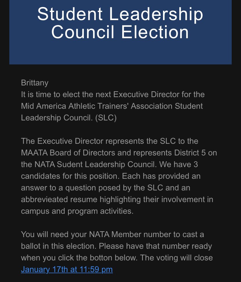 Brit_Carlson's tweet image. It’s ⁦⁦@MAATAD5⁩ SLC voting time and I’m so happy to get the opportunity to run for D5 SLC Executive Director 🎉 Check your email and have your NATA number ready to vote 🤞🏼
• #MAATAD5 #NATASLC #GVMSAT #AthleticTraining