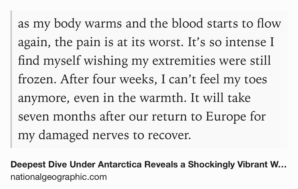 Text Shot: as my body warms and the blood starts to flow again, the pain is at its worst. It’s so intense I find myself wishing my extremities were still frozen. After four weeks, I can’t feel my toes anymore, even in the warmth. It will take seven months after our return to Europe for my damaged nerves to recover.