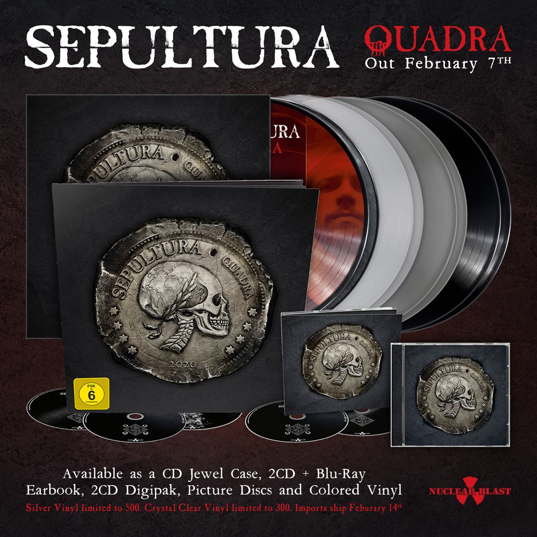 Our new album, Quadra, will be released on Feb. 7th!

It's available on CD (Jewel), 2CD Digipak which includes "Alive In Brazil," various vinyl colors and a 36 page Earbook w/ the bonus CD "Alive In Brazil" and the Blu-Ray documentary "Endurance."

Order: nuclearblast.com/sepultura-quad…