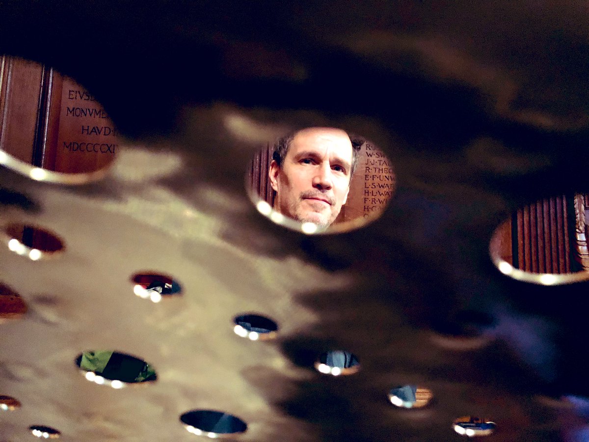 tenormadness3's tweet photo. Our ace drummer @hoopertom, espied through his Swiss cheese cymbal #holymusic https://t.co/mr4UrsvtBs