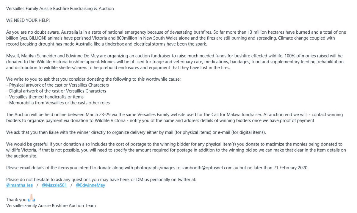 The Versailles Family is going to help Australia! 
We will organize an auction to help the Wildlife Victoria bushfire appeal. So now we are looking for artwork &amp; craftwork to be donated. And we are looking into various other 'things'. More about it all later. Please read below.