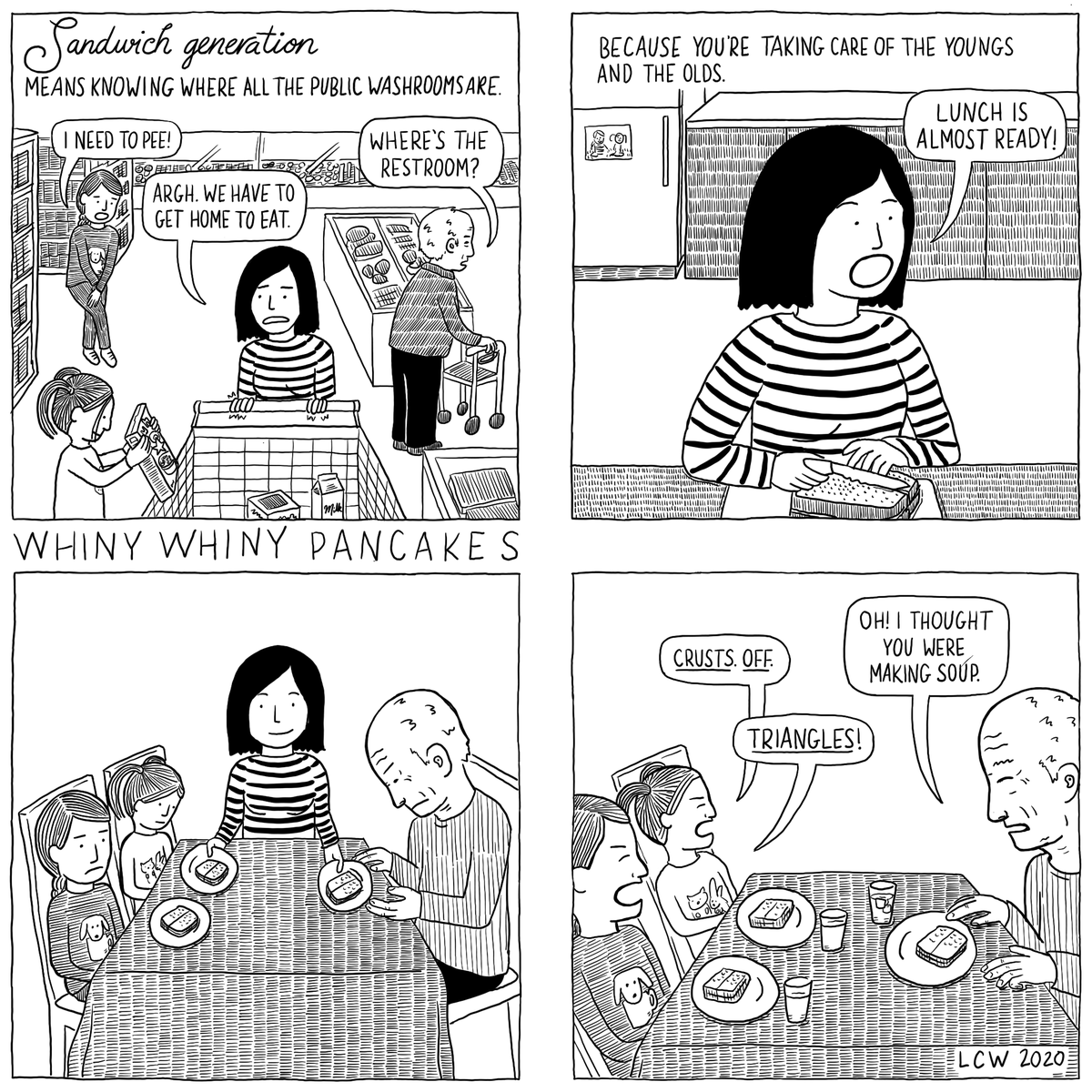 Taking care of parents and children makes for busy times in the middle of the sandwich. (Only on visits to visit my dad though.)

#webcomic #webcomics #whinywhinypancakes #sandwichgeneration #soup