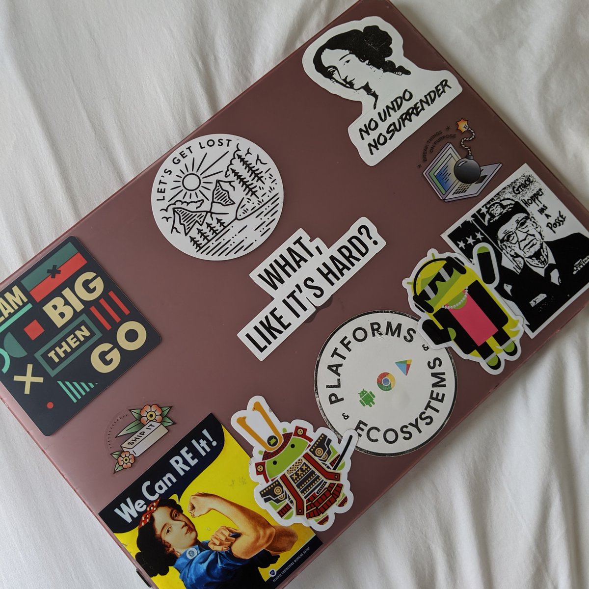 My pink laptop covered with stickers. Centered is the sticker "What, like it's hard?"