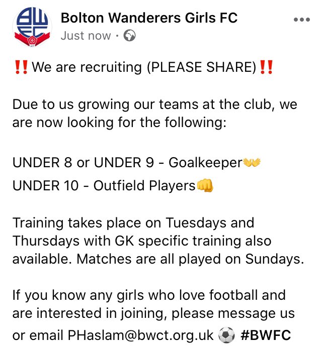 ‼️WE ARE RECRUITING.. Please RT‼️

#BWFC #MadeInBolton #ThisGirlCan #Bolton