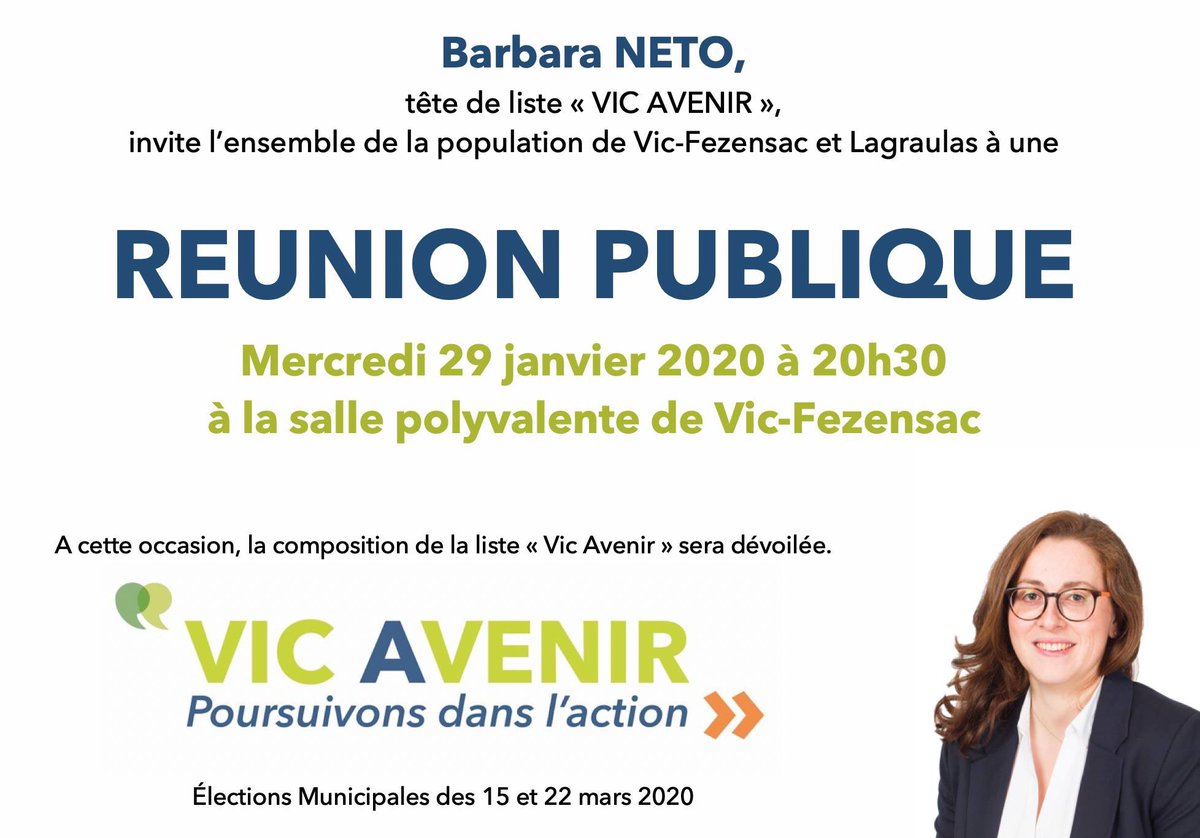 Neto_Barbara's tweet photo. Je vous attends nombreux pour ma première #réunion publique le 29 janvier prochain ! #Municipales2020 #VicAvenir #Neto2020 https://t.co/1w6m2jEuSa