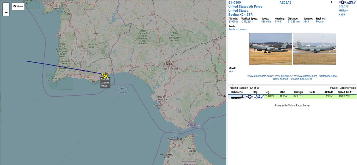 civ_pt's tweet photo. United States Air Force ๐บ๐ธ
61-0309, #GOLD15, Boeing KC-135R, FL220
Second Tanker, Descending to Rota Airbase #LERT #ROZ
#potn #planespotting #virtualradar #ADSB #avgeeks #avgeek #USAF https://t.co/FSUBdQveux
