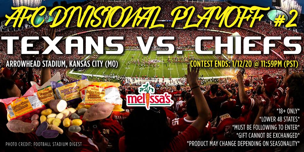 MelissasProduce's tweet photo. 🏈GIVEAWAY🏈 As the matchups shift to the AFC for today, we switch to our favorite Dutch Yellow® Potato! It's #WeAreTexans vs #ChiefsKingdom. What's your favorite potato recipe? Enter below!💥 #HOUvsKC 

🍴https://t.co/FAiaspwoZv

🥔 Follow @MelissasProduce 
🥔 RT and tag friends https://t.co/UhrFlWH2r9