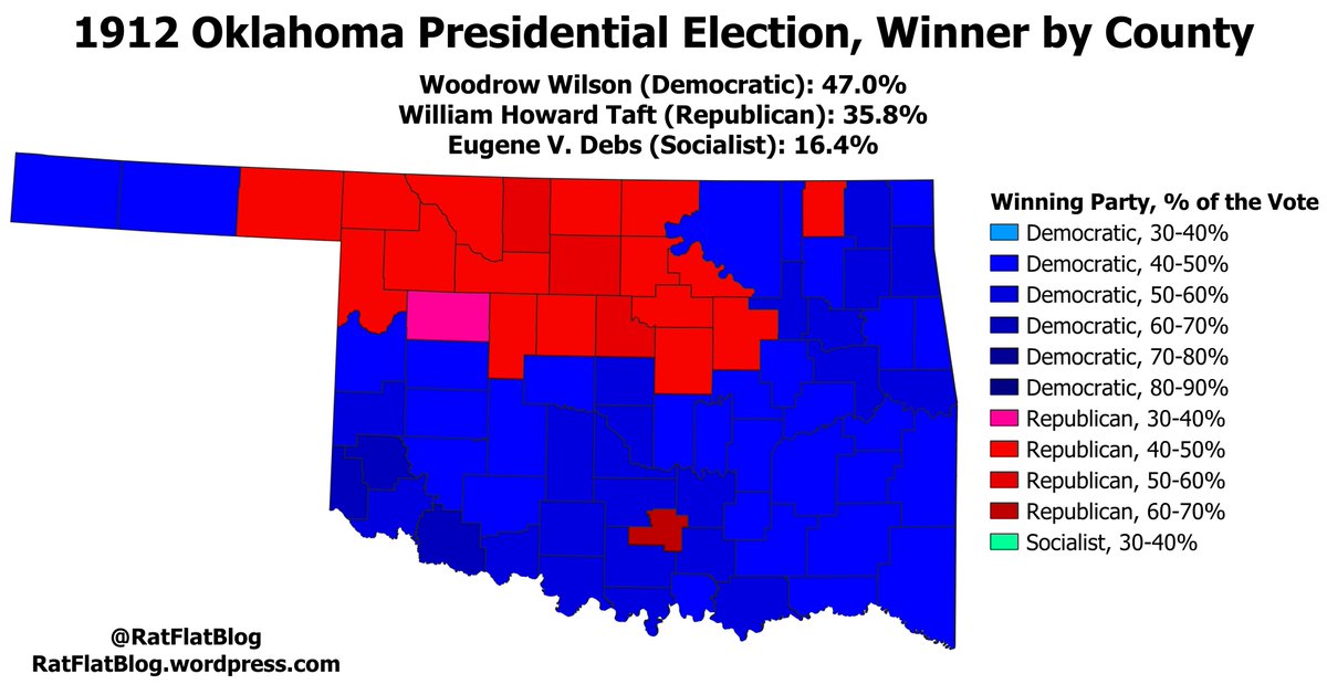 1912 was the Socialists peak nationwide, as Eugene Debs got 6% of the vote. In Oklahoma he got 16.4%, his second-best result. Democrat Woodrow Wilson carried the state easily, dominating in the southern and eastern parts of the state with 47% of the vote (and won the Presidency).